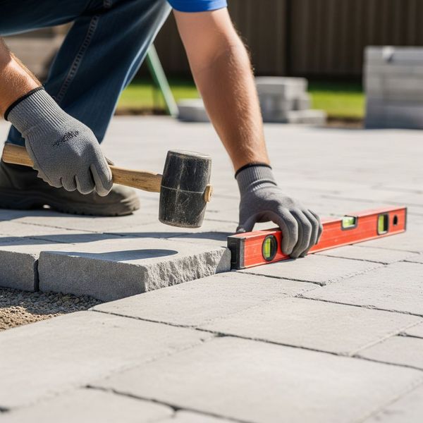 Professional landscaper installing limestone pavers for a patio.
