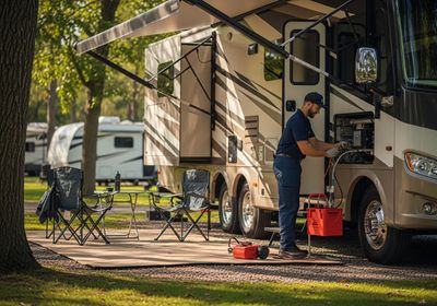 A technician is shown servicing the generator of an RV at a campsite. The RV is beige with brown stripes and has its awning extended. The technician, wearing a navy uniform and gloves, is focused on the generator compartment. Nearby, there's a small table with chairs, a red gasoline container, and another RV visible in the background, setting a scene of maintenance during a camping trip. RV Technician Servicing Generator at Campsite