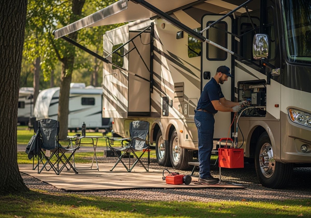 RV Technician Servicing Generator at Campsite