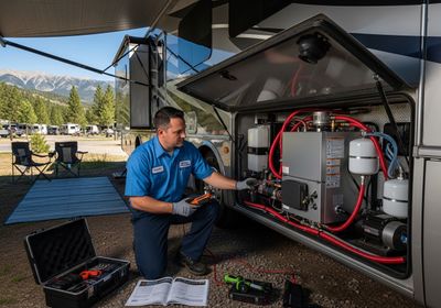 A professional RV technician, wearing a blue uniform and gloves, kneels beside an open RV compartment and examines the RV's water system. The compartment is filled with metal tanks, red hoses, and various components. The technician uses a handheld device to measure system functionality. An open toolbox, a manual, and additional tools are neatly arranged on the ground. In the background, there is a scenic view of mountains and trees, indicating a campground setting. RV Technician Working on RV Systems