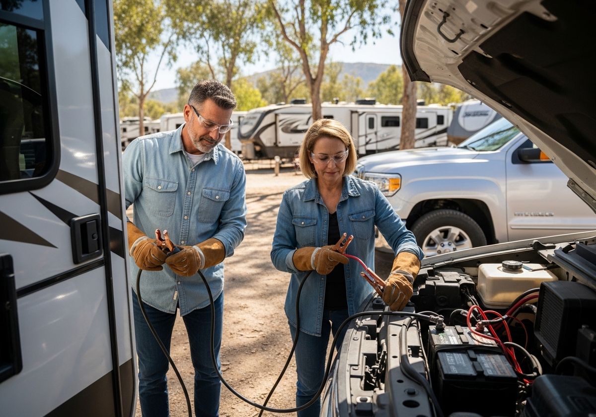 Couple Jumps Car Battery at Campsite