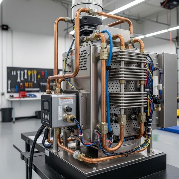 Close-up of a professional RV hydronic heating system unit for maintenance.