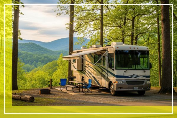 RV at a campsite in the mountains