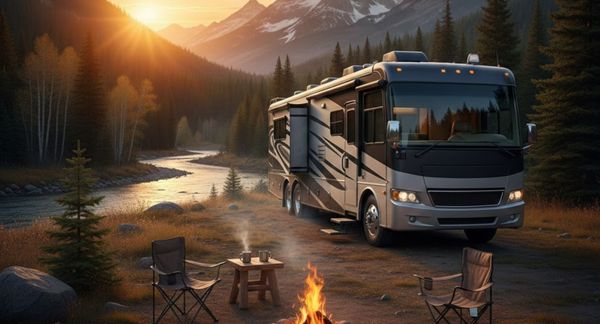 A modern Class A motorhome parked at a scenic mountain campsite during a golden sunset.