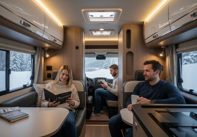 Interior view of a well-lit, modern RV with three people relaxing and reading books. A woman sits at a table reading while a man in the driver's seat is also engrossed in a book. Another man sits at a table holding a mug, possibly enjoying a warm drink. Outside the window, a snowy winter landscape adds to the cozy atmosphere, suggesting a comfortable escape to nature. Cozy Winter Getaway in a Modern RV