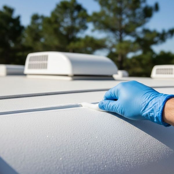 A technician applying sealant to an RV roof vent to prevent water leaks.