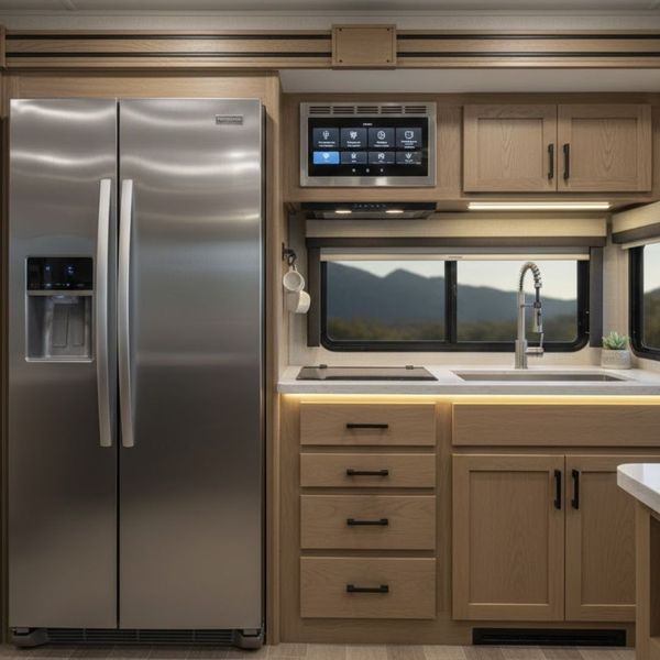 Modern RV interior featuring high-quality appliances and a control system.