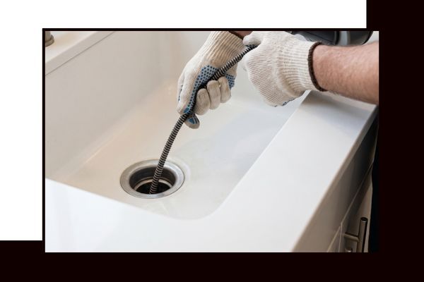 Professional plumber using specialized drain snaking equipment in a kitchen sink.