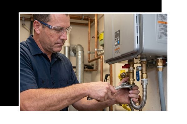 A focused installation by a licensed Top Hat Plumbing technician connecting the gas and water lines to a new, energy-efficient tankless water heater.