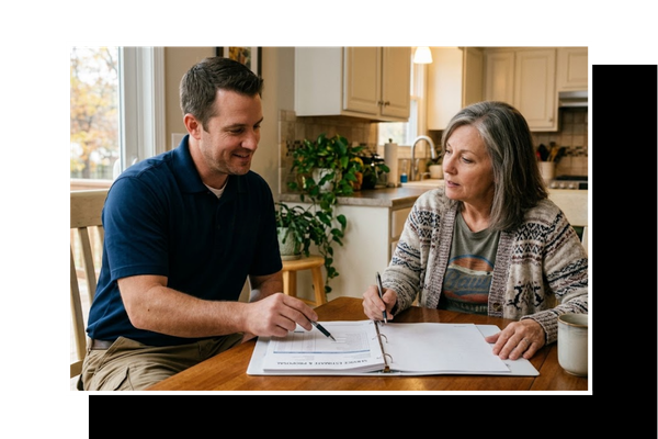 plumber going over quote with homeowner