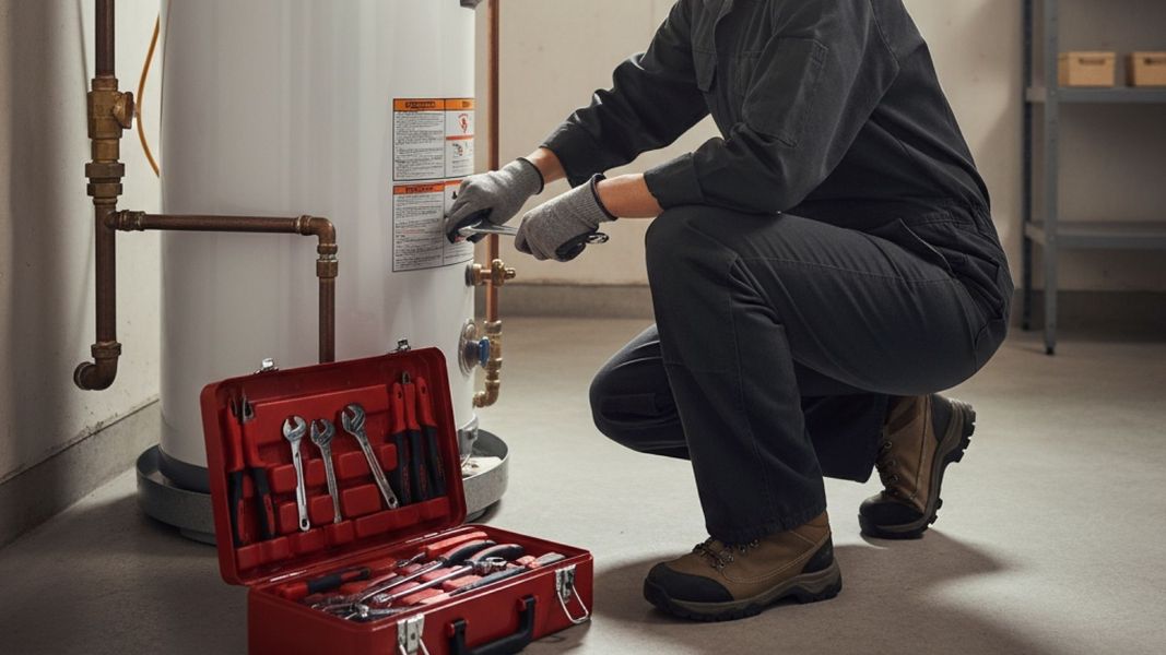 Plumber inspecting a water heater with tool box nearby Plumber inspecting a water heater with tool box nearby