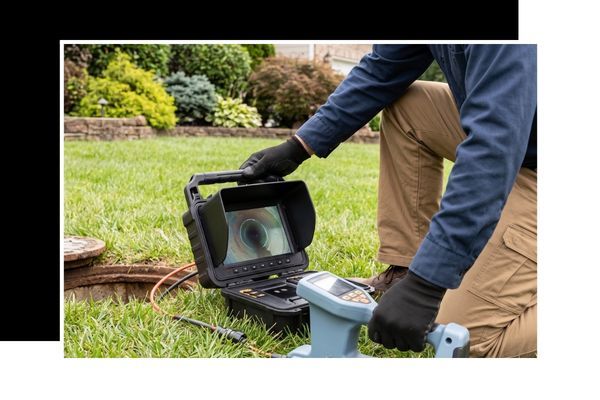 Technician using a video inspection monitor to examine main sewer line pipes.