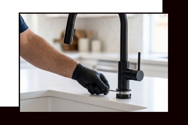 A professional Top Hat Plumbing technician meticulously installing a high-end, modern kitchen faucet upgrade, ensuring a perfect, leak-free finish.