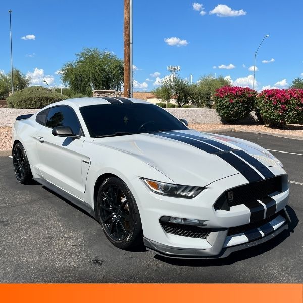 White Ford Mustang with black racing stripes parked outdoors.