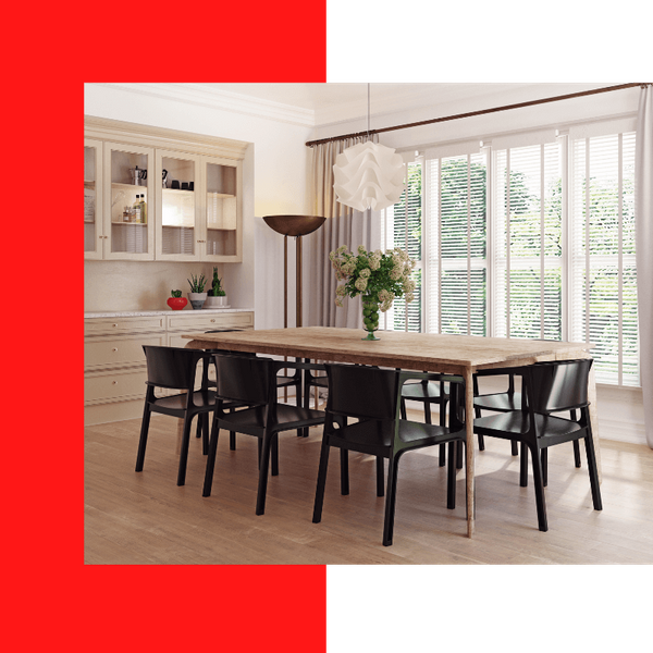 a fashionable dining room with light wooden vinyl floors