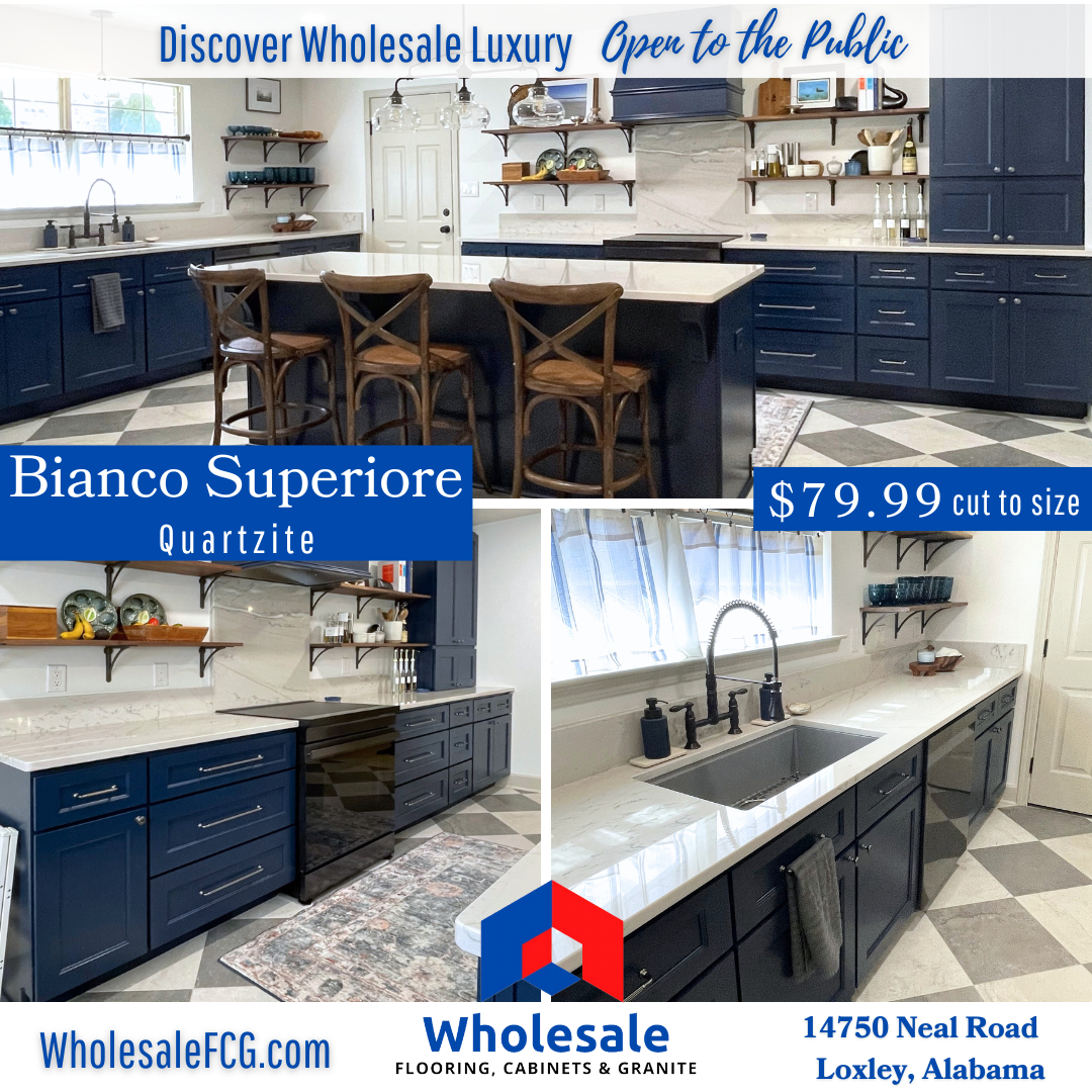 Bianco Superiore Quartzite Countertops in Navy Cabinet Kitchen – Loxley AL Installation