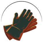 A graphic illustration of a pair of heavy-duty leather work gloves in dark green and brown, framed by a thin circular arc.