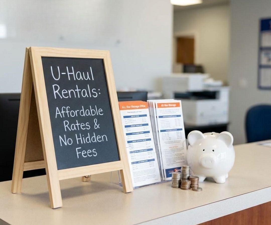 A chalkboard sign inside the All Star Storage office reads "U-Haul Rentals: Affordable Rates & No Hidden Fees," next to a piggy bank and coins.