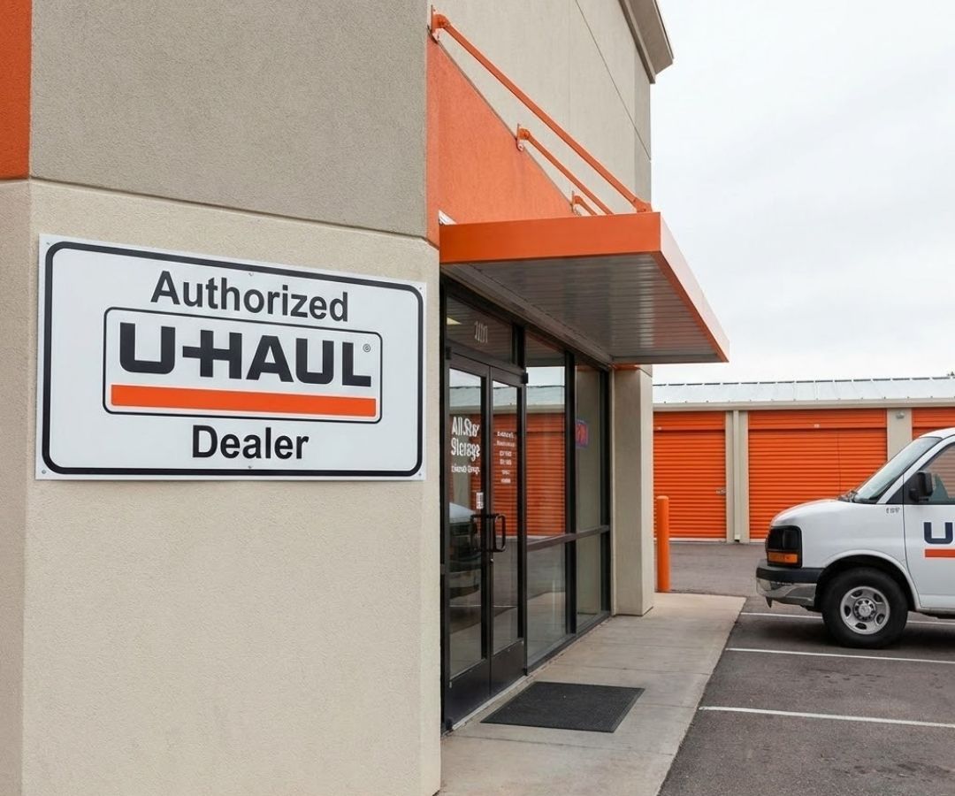 An authorized U-Haul dealer sign is mounted on the exterior wall of the All Star Storage building, with a U-Haul van parked nearby.