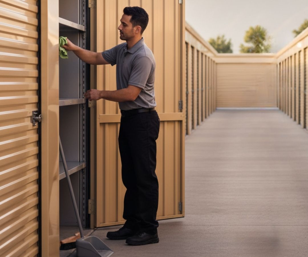 an employee cleans the interior of an open beige unit an employee cleans the interior of an open beige unit