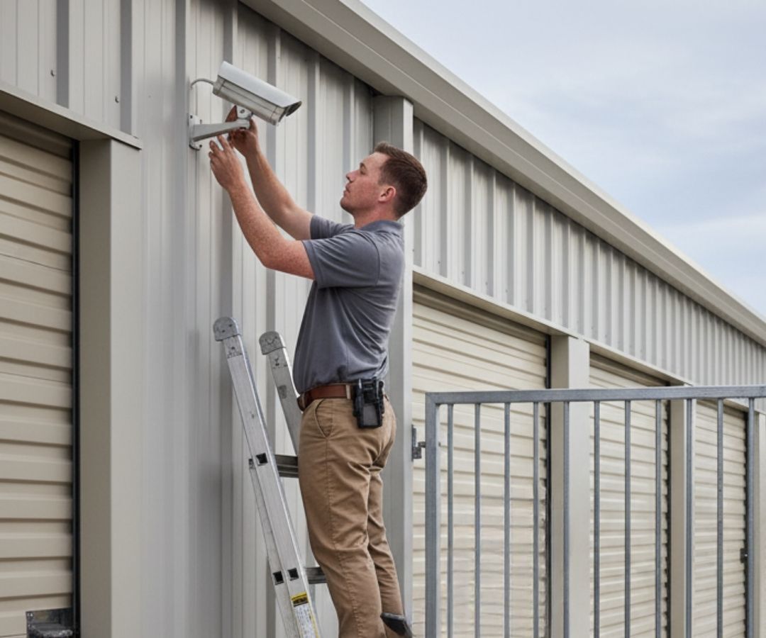 maintain a self-storage site; adjusts a security camera from a ladder maintain a self-storage site; adjusts a security camera from a ladder