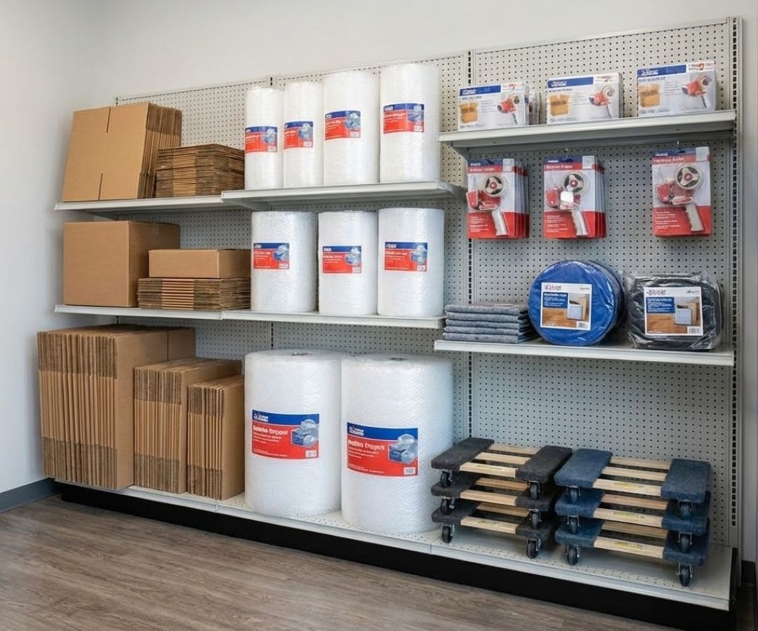 A well-organized retail display at All Star Storage features packing supplies, including boxes, bubble wrap, tape, and dollies, under a sign that reads "Packing Supplies & Moving Equipment."