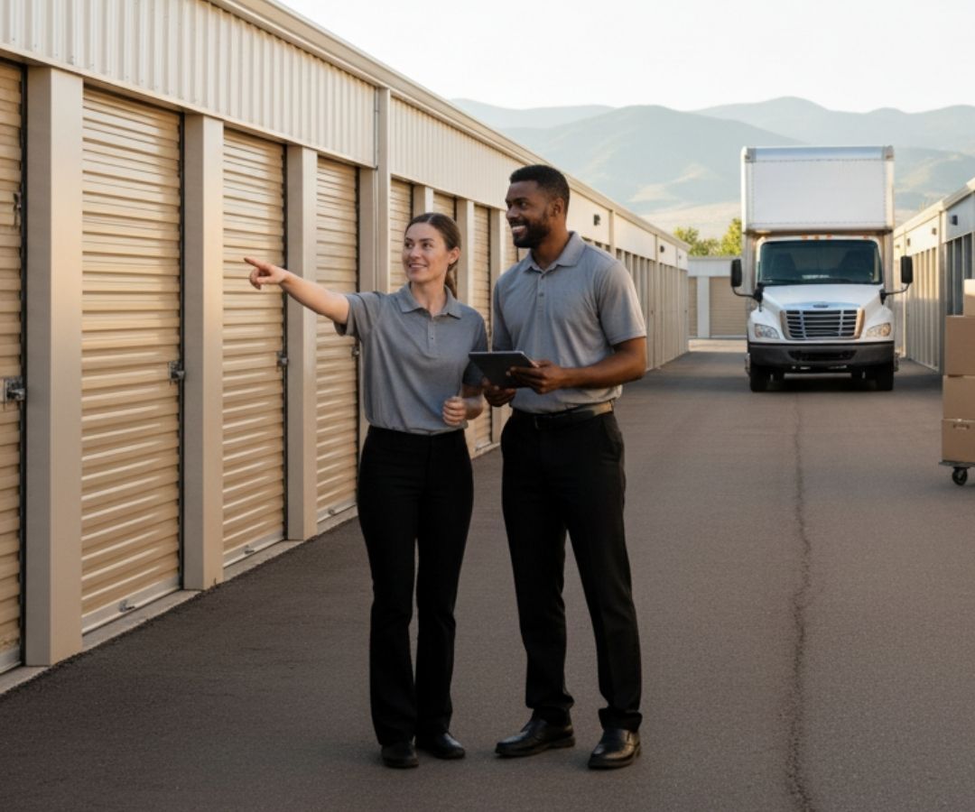 Two smiling facility staff members, one pointing towards a storage unit while the other holds a tablet, assist a customer near a parked moving truck and stacked boxes in a storage facility aisle. Two smiling facility staff members, one pointing towards a storage unit while the other holds a tablet, assist a customer near a parked moving truck and stacked boxes in a storage facility aisle.