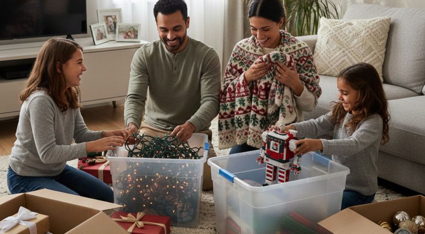 A family happily decluttering their living room after the holidays A family happily decluttering their living room after the holidays