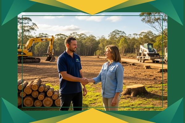  shaking hands with a satisfied homeowner in front of their newly cleared property