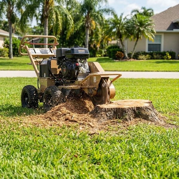A professional stump grinder machine is actively grinding a tree stump on a residential lawn, creating a pile of wood shavings