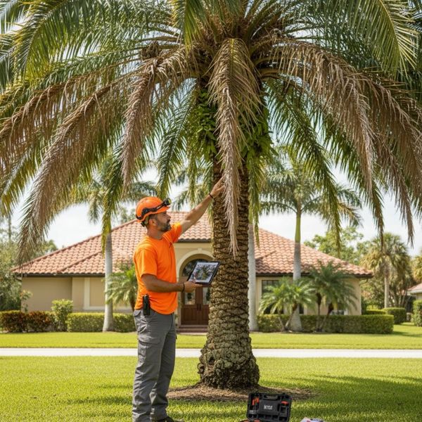 certified arborist evaluating a palm tree