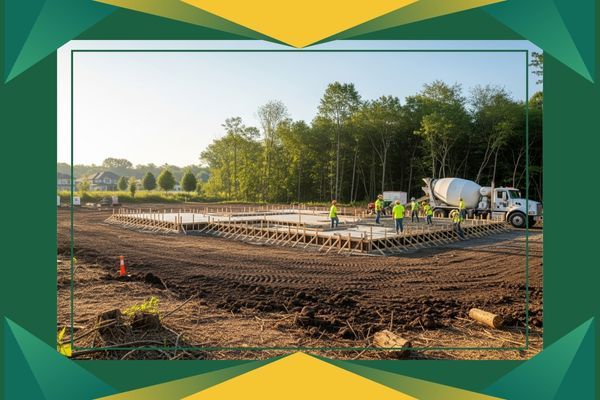newly cleared residential lot with the foundation of a new home being laid