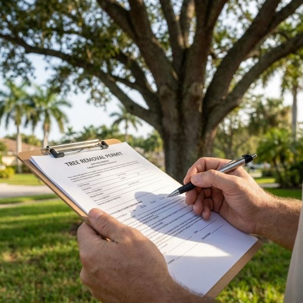 a person's hands filling out a 'Tree Removal Permit' on a clipboard, with a large tree and palm trees visible in the background