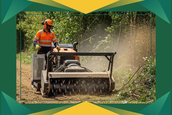 professional worker in safety gear operating a forestry mulche