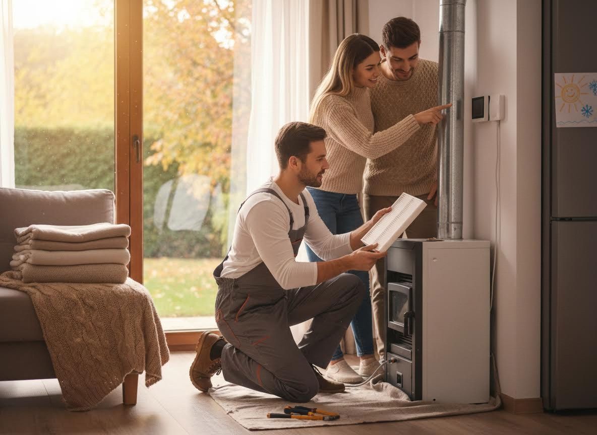 HVAC technician explaining heating system to a couple