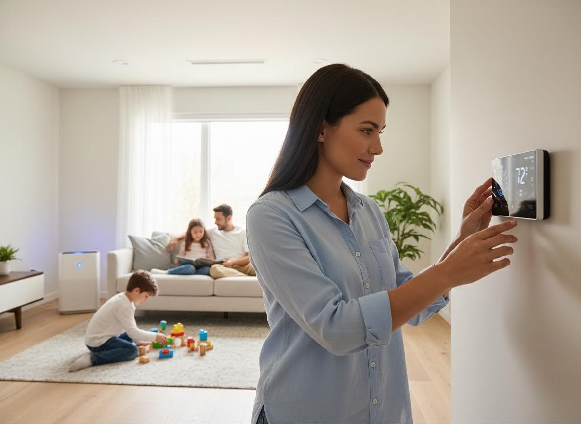Woman adjusting smart thermostat while family relaxes in living room