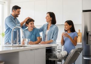A smiling family of four in a well-lit, modern kitchen stands near a sink and open dishwasher, all holding glasses of water. The father affectionately touches his son's head as the daughter looks on, also smiling. Happy family hydrating in their modern kitchen
