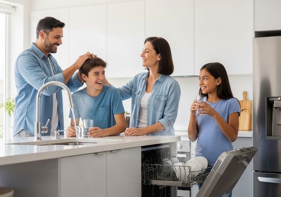 Happy family hydrating in their modern kitchen