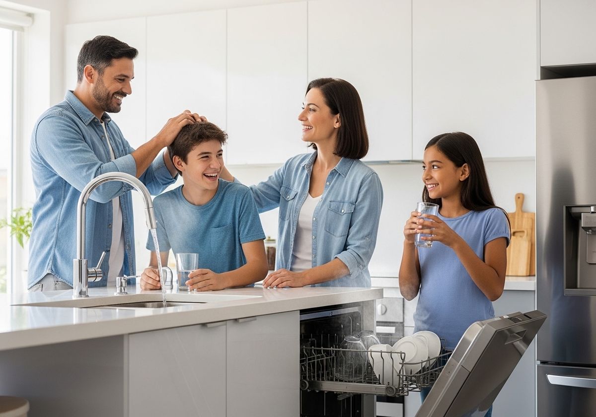 Happy family hydrating in their modern kitchen