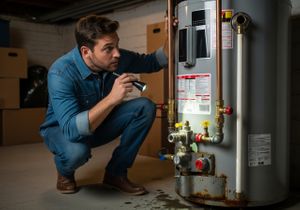 Man Inspecting Water Heater with Flashlight