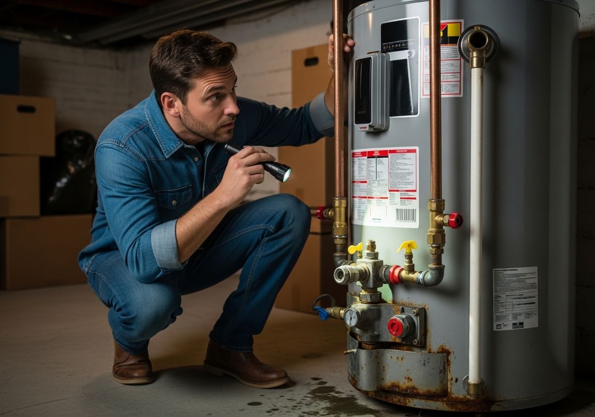 Man Inspecting Water Heater with Flashlight