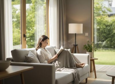 Smiling woman reading a book on a sofa in a sunlit living room