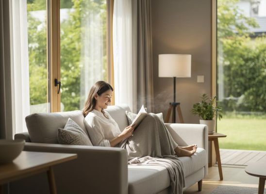 Smiling woman reading a book on a sofa in a sunlit living room