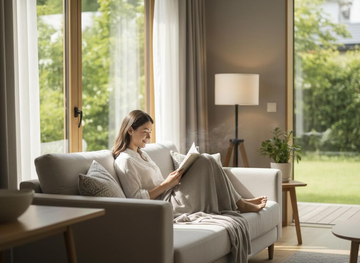 Smiling woman reading a book on a sofa in a sunlit living room