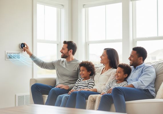 Family Adjusting Smart Home Thermostat