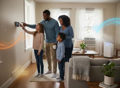 A happy family of four in a living room, with the daughter adjusting a smart thermostat under her father's guidance. An air purifier runs in the background. Family using smart thermostat and air purifier