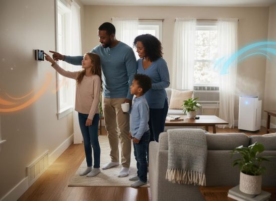 Family using smart thermostat and air purifier