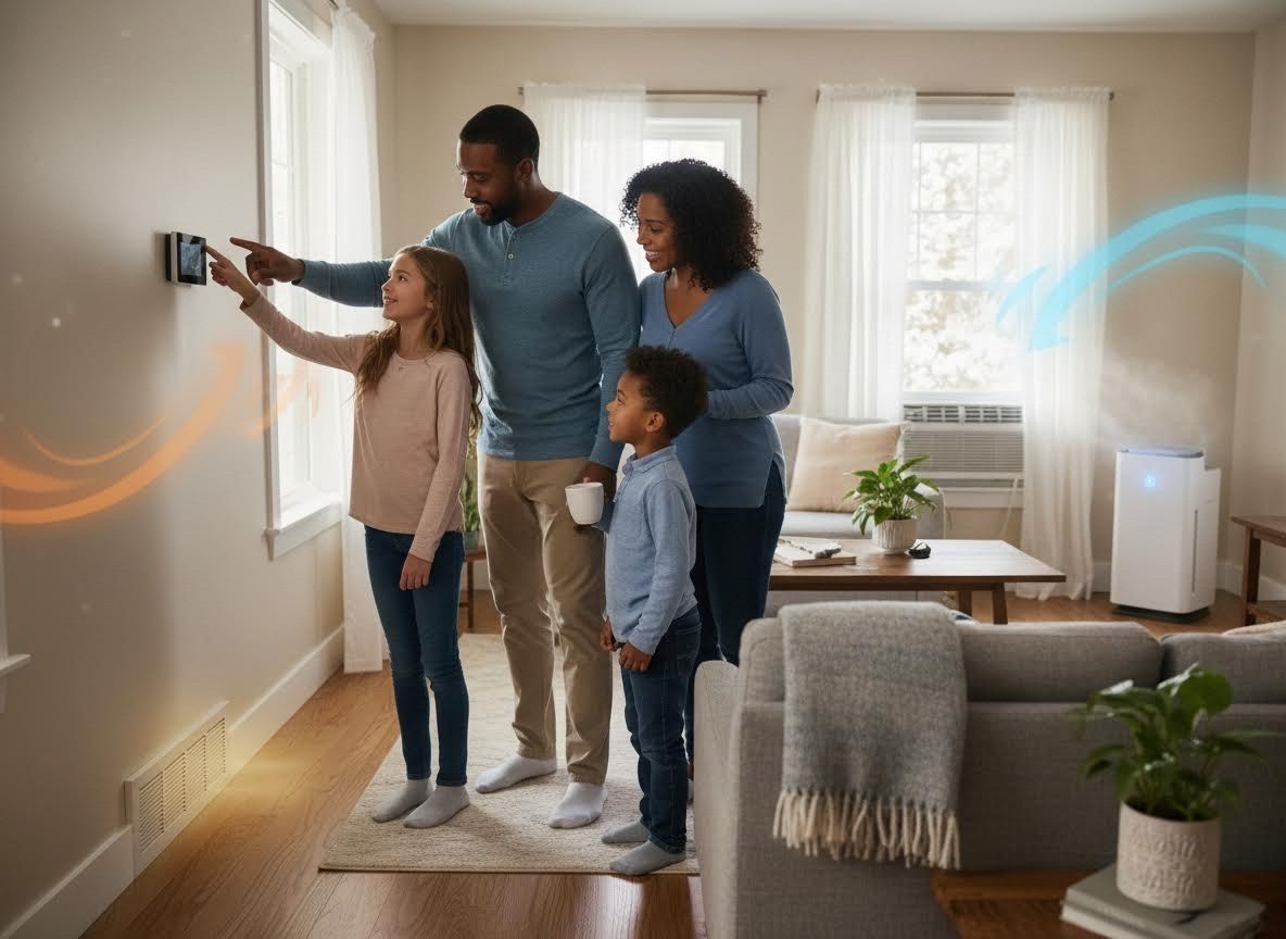 Family using smart thermostat and air purifier