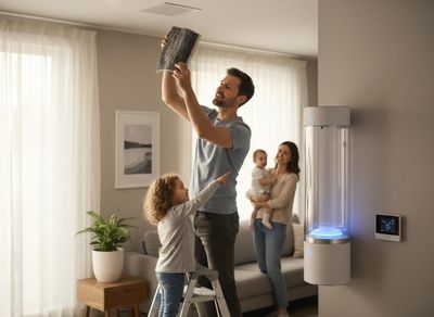 Family inspecting a dirty air filter with a wall-mounted air purifier