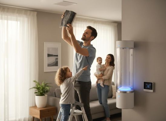 Family inspecting a dirty air filter with a wall-mounted air purifier
